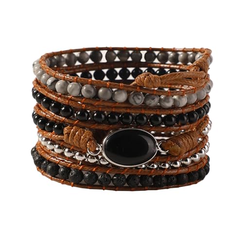 Artilady Leather Wrap Bracelet for Women, Pearl Beaded Bangle Stack Jewelry | Easy on-off, Elegant Handmade Multi-Layered, Daily Casual Date Beach Vacation, Gift for Ladies, Mother, Sister & Friend - style: Black stone