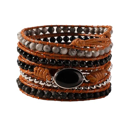 Artilady Leather Wrap Bracelet for Women, Pearl Beaded Bangle Stack Jewelry | Easy on-off, Elegant Handmade Multi-Layered, Daily Casual Date Beach Vacation, Gift for Ladies, Mother, Sister & Friend - style: Black stone