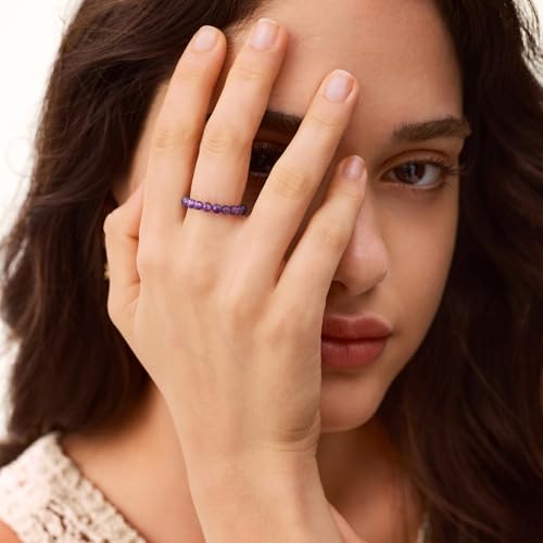 NLIEO Handmade Natural Gemstone Crystal Beaded Stretch Band Ring for Women | Handmade, 3mm Natural Stone, Size 7-12, Stretchy, Beaded Jewelry, Green Bead Rings, Trendy Jewelry Gift - style: Amethyst