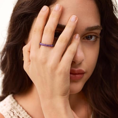 NLIEO Handmade Natural Gemstone Crystal Beaded Stretch Band Ring for Women | Handmade, 3mm Natural Stone, Size 7-12, Stretchy, Beaded Jewelry, Green Bead Rings, Trendy Jewelry Gift - style: Amethyst
