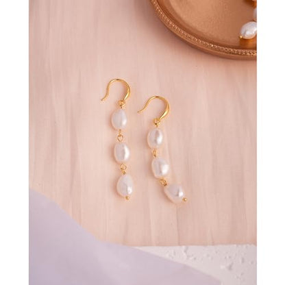 Long Pearl Earrings for Women 14K Gold Plated Sterling Silver Baroque Pearl Dangle Drop Earrings With Elegant Hook