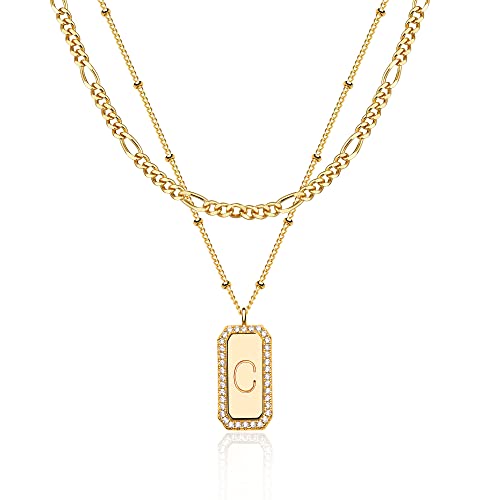 Gold Initial Necklace for Women 14K Gold Plated Figaro Chain Choker Layered Necklaces Set Bar Rectangle Pendant Necklaces Simple Dainty Letter Necklace Everyday Gold Jewelry - style: Letter C