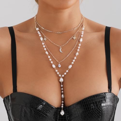 Layered Gold Pearl Lariat Necklace for Women Multi Strand Y Chain with Moon Star Charms Adjustable Statement Fashion Jewelry for Party Wedding Gift