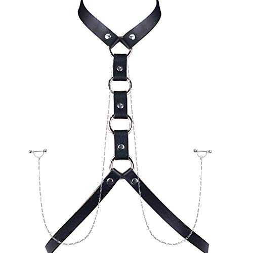 Nipple Ring with Choker Necklaces Stainless Steel Nipple Rings Chain Heart Cat Head Punk Chokers for Women Nipple Barbell Piercing Jewelry - color: Black PU Leather Chest Chain