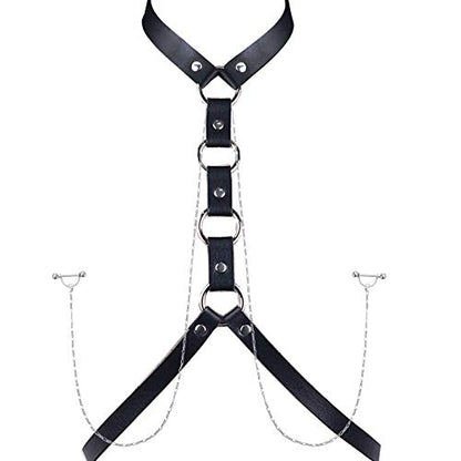 Nipple Ring with Choker Necklaces Stainless Steel Nipple Rings Chain Heart Cat Head Punk Chokers for Women Nipple Barbell Piercing Jewelry - color: Black PU Leather Chest Chain