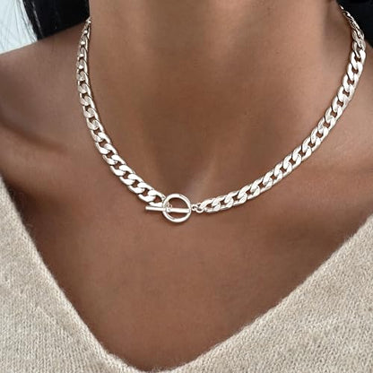 CHESKY 14K Gold Plated Chunky Necklace for Women, Trendy Toggle Clasp | Statement Pendant Necklace, Layered Paperclip Chain, Toggle Clasp Design, Thick Gold Chain, Non Tarnish Everyday Jewelry - color: silver, style: cuban