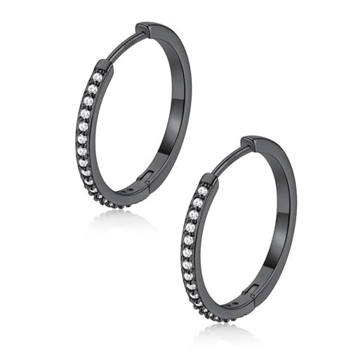 FaithHeart 925 Sterling Silver Post Small CZ Huggie Hoop Earrings for Women | Hypoallergenic Small Cubic Zirconia Hoop Earrings, Silver/Black/Gold/Rose Gold Huggie Earrings, 8-20mm with Gift Box - color: Black, size: 18mm