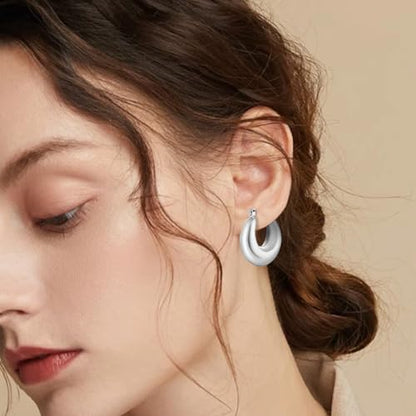 3Pairs 14K Gold Plated Chunky Hoop Earrings Set for Women, Trendy Hoop Earring 925 Sterling Silver Post - Hypoallergenic Thick Lightweight Twisted Hoops Dainty Gold Earrings for Women Jewelry Gifts - color: Silver