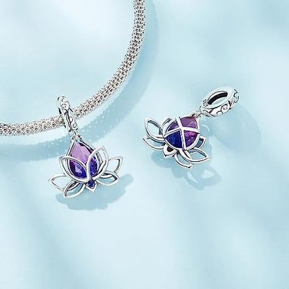 BISAER 925 Sterling Silver Charms for Bracelets Cat Dog Sloth Animal Beads Butterfly Fairy Heart Dangle Pendant Charms - color: Water-lily