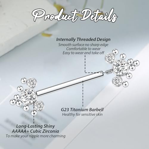 GAGABODY Pair 14G Nipple Rings G23 Titanium Internally Threaded Nipple Barbells 12mm-18mm Bridge Piercing Jewelry Straight Nipple Bar for Women Men Nipple Piercing Jewelry with CZ/Opal - color: STYLE5-Silver+3 CZ&Bead