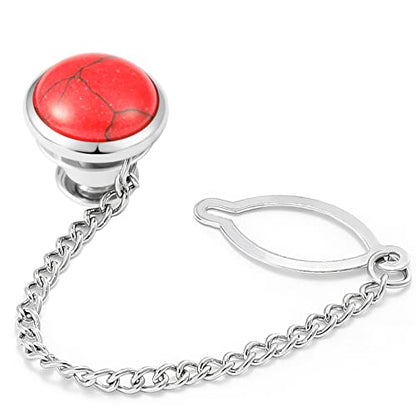 Tie Pins for Men Silver Tie Pins with Chain, Tie Tack Pins Brooch Personalized Wedding Business Gifts - color: Red