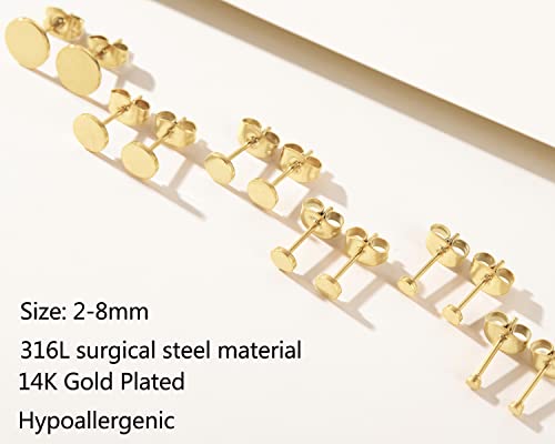 Unisex 6 Pairs Dot Stud Earrings, Surgical Steel Gold Plated Black Tiny Flat Disc Stud Earrings for Women Men - color: Gold-3mm