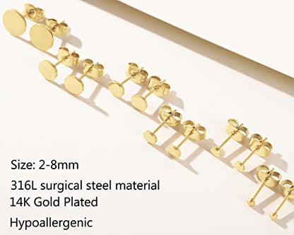 Unisex 6 Pairs Dot Stud Earrings, Surgical Steel Gold Plated Black Tiny Flat Disc Stud Earrings for Women Men - color: Gold-2mm
