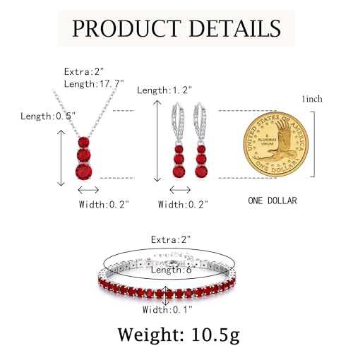 Crysdue Cubic Zirconia Jewelry Set for Women Bridesmaid, Classic Round Cut Drop Lightweight Lever Back Earrings Pendant Necklace Tennis Bracelet for Wedding Prom Party - style: 3pcs Red, Silver