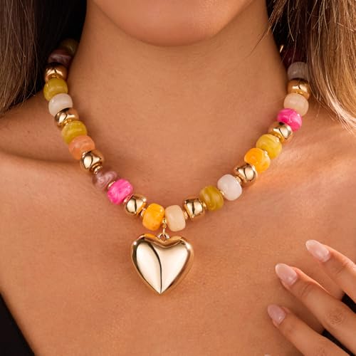 Resin Chunky Colorful Beaded Necklace | Adjustable Boho Statement Necklace,Summer Beach Party Jewelry - color: Heart+Colorful