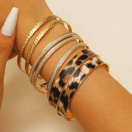 Gold Bangle Bracelets for Women, 14k Gold Plated Multi Layer Textured Stackable Open Bracelet Set Boho Indian Bangles Stackable Set Trendy Elegance Charms Non Tarnish Minimalist Bangle Pack - style: Leopard 7Pcs
