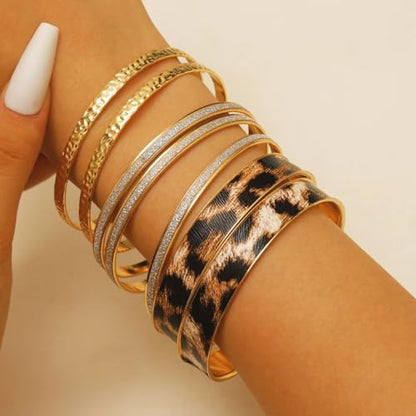 Gold Bangle Bracelets for Women, 14k Gold Plated Multi Layer Textured Stackable Open Bracelet Set Boho Indian Bangles Stackable Set Trendy Elegance Charms Non Tarnish Minimalist Bangle Pack - style: Leopard 7Pcs
