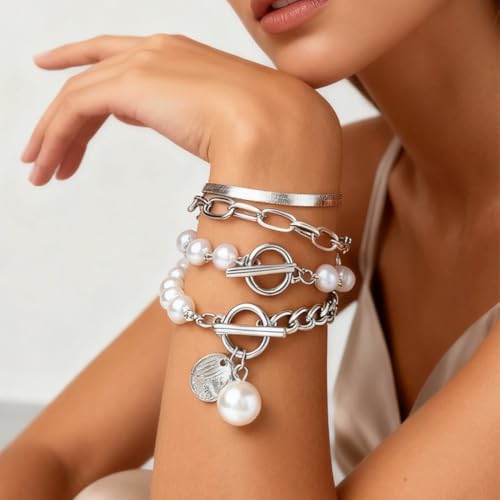 Gold Silver Beaded Pearl Bracelets Stacked for Women Coin Chain Accessories | Statement Stack OT Buckle Bracelet, Charm Stackable Pearls Coins Drop Paperclip Link, Fashion Layered Prom Party Jewelry Gift - color: Silver