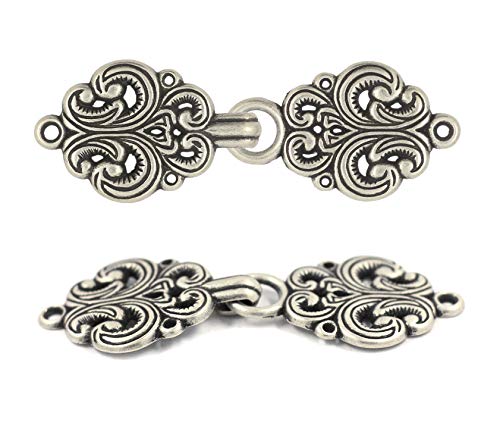 bezelry 6 Pairs Rococo Swirl Flower Cape or Cloak Clasp Fasteners. Sew On Hooks and Eyes Cardigan Clip. 65mm Fastened. - color: Antique Silver