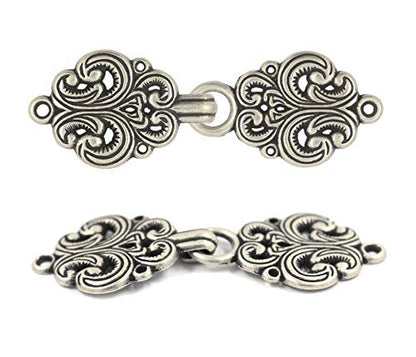 bezelry 6 Pairs Rococo Swirl Flower Cape or Cloak Clasp Fasteners. Sew On Hooks and Eyes Cardigan Clip. 65mm Fastened. - color: Antique Silver