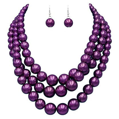 Rosemarie & Jubalee Women's 3 Colorful Multi Strands Simulated Pearl Necklace And Earrings Jewelry Gift Set, 18"+3" Extender - color: Metallic Dark Purple Silver Tone