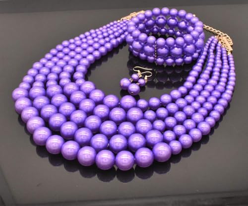 Faux Big Pearl Srand Necklaces for Women 5 Layers Pearls Choker Bib Collar Necklace Bracelet and Earrings set 1920s Costume Pearl Jewelry Bridal Wedding - color: purple
