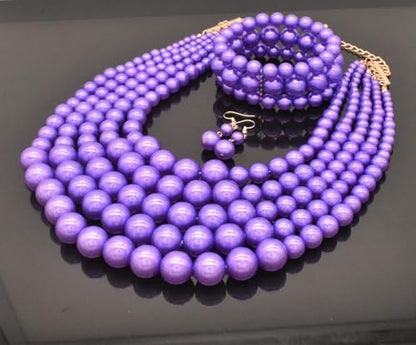 Faux Big Pearl Srand Necklaces for Women 5 Layers Pearls Choker Bib Collar Necklace Bracelet and Earrings set 1920s Costume Pearl Jewelry Bridal Wedding - color: purple