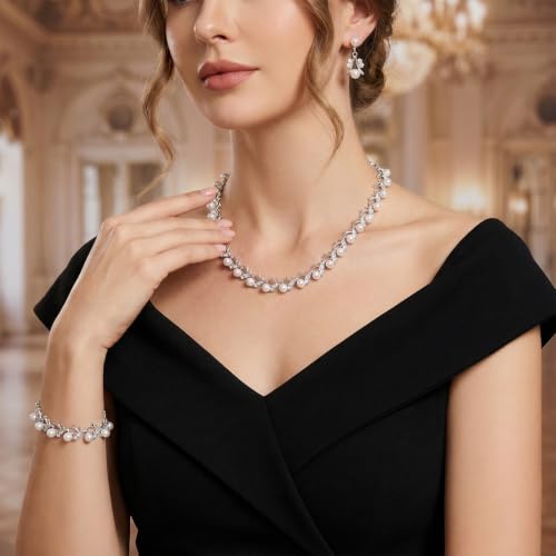 Rhinestone Pearl Jewelry Set Bracelet Necklace Earring for Women | Adjustable Extension Chain, Wedding Bridal Accessories, Faux Pearl Rhinestone Combo, Elegant Gift for Women - color: Silver