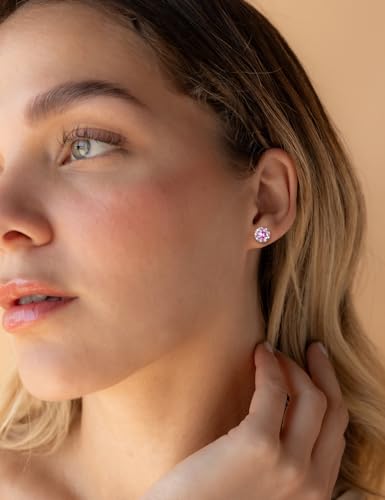 Dainty Birthstone Earrings for Women Sterling Silver Small Stud Earrings with Halo Cushion/Round Created Gemstone Earrings Birthstone Jewelry - style: B 10. Oct./created pink sapphire-round cut