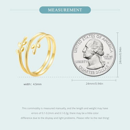 MUNDELL 925 Sterling Silver Simple Multi-layer Leaf Adjustable Ring Green Lucky Leaves Statement Ring for Women Promise Ring Fine Jewelry - color: Golden Multi-layer Leaf