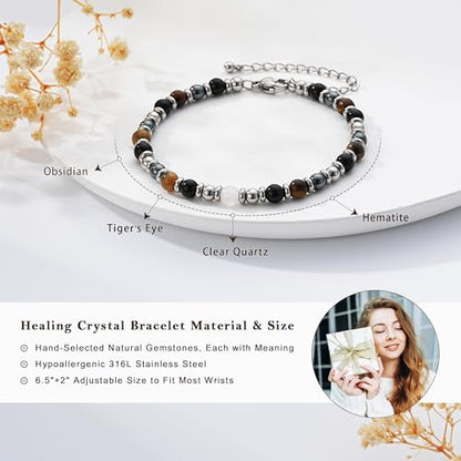 Zocomi Natural Healing Crystal Bracelet for Women, Anxiety Relief Triple Protection 7 Chakras Jewelry Gift for Friends Daughter Mom 6.5+2 Inches - color: Triple Protection