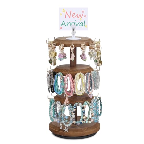 MOOCA 3-Tier Rotating Bracelet Display Stand with 42 Hooks, Jewelry Holder | 3-tier rotating wooden display with 42 hooks keeps bracelets, bangles, watches, and accessories organized and visible. - color: Brown, Round Shape