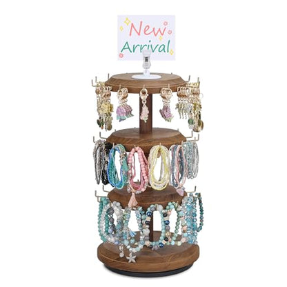 MOOCA 3-Tier Rotating Bracelet Display Stand with 42 Hooks, Jewelry Holder | 3-tier rotating wooden display with 42 hooks keeps bracelets, bangles, watches, and accessories organized and visible. - color: Brown, Round Shape