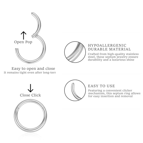 16G 6MM 7MM 8MM 9MM 10MM 12MM Hinged Clicker Septum Rings Pack Surgical Stainless Steel 16 Gauge Nose Ring Daith Rook Tragus Helix Cartilage Conch Hoop Earrings Piercing Jewelry for Women Men - color: Silver Tone