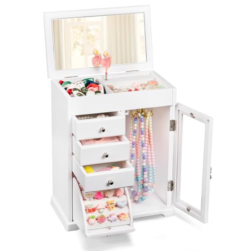 Miratino Jewelry Box for Girls, Kids Jewelry Box with Spinning Dancer, 5 Layer Large Wooden Musical Jewelry Organizer Box Gifts for Little Girls Christmas New Year Birthday Children's Day(White) - color: White, size: 5 Tier