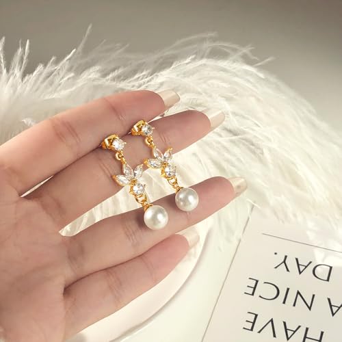 Pearl Earrings for Women 14k Gold/Silver Pearl Drop Earrings Long White Pearl Tassel Dangle Statement Earrings Bridal Wedding Dainty Prom Earrings Birthday Gifts Jewelry - color: Gold CZ Pearl Drop Earrings