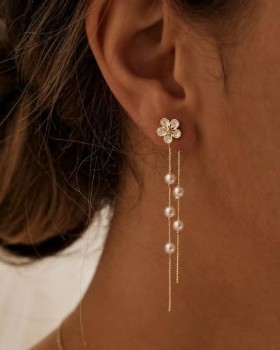 14K Gold Plated/Sterling Silver CZ Pearl Drop Dangle Earrings for Women - color: Gold-Flower Pearl