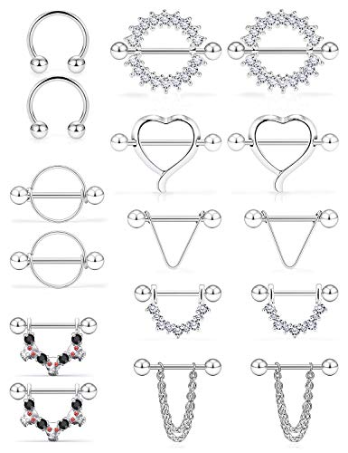 SCERRING 14G Nipple Rings Stainless Steel Nipplerings CZ Heart Tongue Shield Barbell Rings Retainer Body Piercing Jewelry for Women 9/16Inch 8 Pairs - color: 8 Pairs - Silver