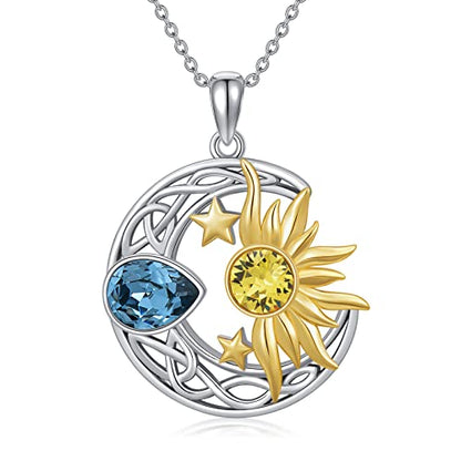 AOBOCO 925 Sterling Silver Moon Sun Star Necklace Celtic Jewelry for Women Girls - color: Silver&Gold