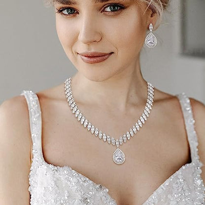 EVER FAITH CZ Marquise Leaf Teardrop Wedding Prom Jewelry Set for Women | Birthstone Pendant Necklace Dangle Earrings - color: Clear