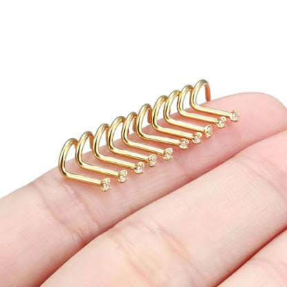 Nose Studs Surgical Steel Nose Rings Studs with Cubic Zirconia 10Pcs Tiny Nostril Rings for Women Screw Bone and L-Shaped Nostril Piercing Jewelry 24G 22G 20G 18G - color: goldtone,screw nose studs, size: 18g,1.5mm Clear CZ
