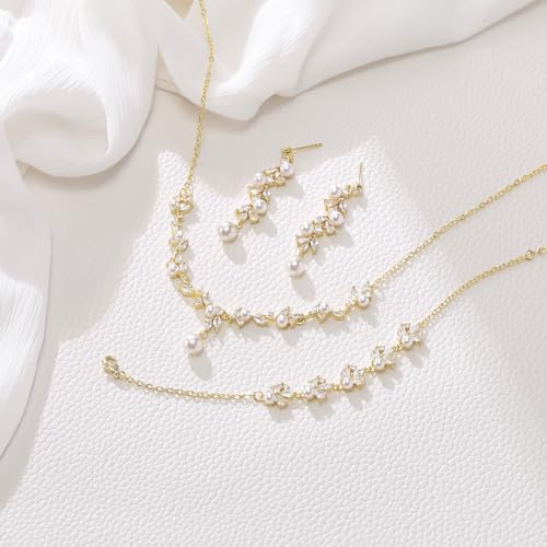 EleQueen Women's Simulated Pearl Wedding Jewelry Set for Brides | Cubic Zirconia Necklace Earrings Bracelet Set for Brides Bridesmaids, Bridal Jewelry Set for Anniversary/Memorial Day - style: Pearl Necklace Earrings Bracelet Gold-Tone