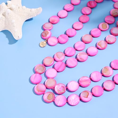 Firstmeet Flat Round Coin Shell Beads Long Knotted Necklace Natural Mother of Pearl Handmade Jewelry For Women - color: Rosered