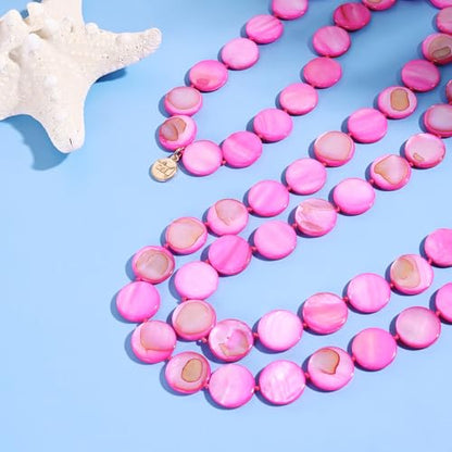 Firstmeet Flat Round Coin Shell Beads Long Knotted Necklace Natural Mother of Pearl Handmade Jewelry For Women - color: Rosered