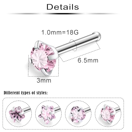 Hypoallergenic Nose Rings Studs 18G & 20G Surgical Steel Nose Studs L Shaped Nostril Piercing Jewelry with Pink Cubic Zirconia for Women & Men - color: 18g,Straight,pink crystal