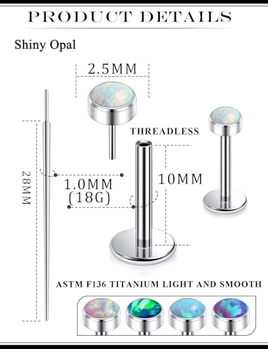 20G 18G 16G Astm F136 Titanium Threadless Flat Back Earrings Nose Studs Tragus Helix Conch Cartilage Lobe Earrings Medusa Labret Snake Bite Monroe Lip Ring Piercing Jewelry For Women Men - size: 18G-10MM Bar-Opal 2.5MM