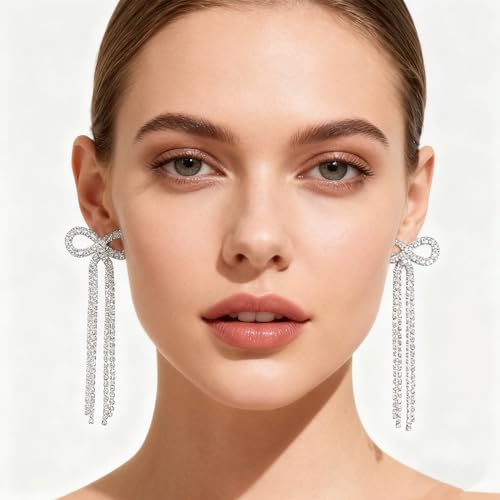 Rhinestone Earrings Dangling for Women Sparkly Silver Dangle Earrings Girls Long Chandelier Earrings Tassel Lightweight Ear Studs Cubic Zirconia (KE001S-W) - color: Bow 516286S Silver Clear