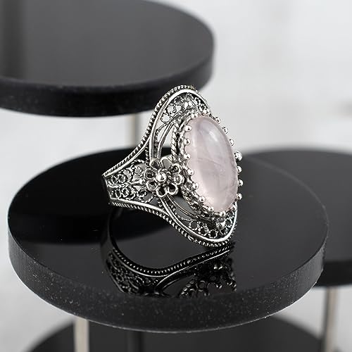 Filigranist 925 Sterling Silver Handcrafted Filigree Art Flower Pattern Woman Oval Statement Ring, Gift Boxed - color: Rose Quartz