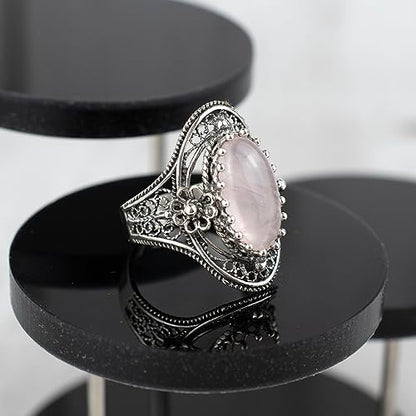 Filigranist 925 Sterling Silver Handcrafted Filigree Art Flower Pattern Woman Oval Statement Ring, Gift Boxed - color: Rose Quartz