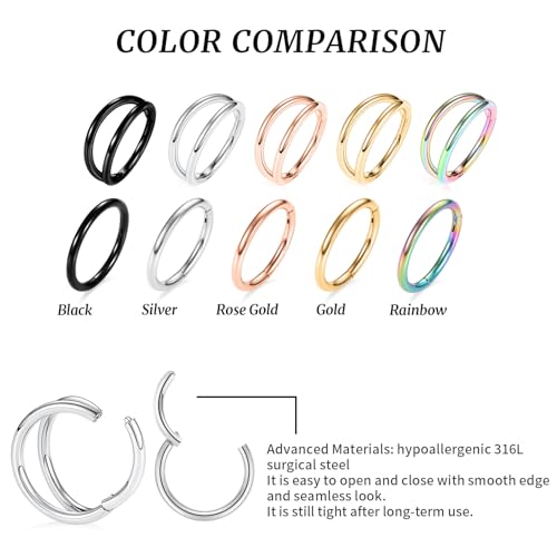 GAGABODY Surgical Steel 2pcs Double Hoop Hypoallergenic Nose Ring Unisex | Seamless Clasp,Used in Nostril,Septum,Lip and All Ear Piercings.22 Gauge to 14 Gauge,a Secure Fit Inner Diameter 6mm to 12mm - color: Silver-Single&Double Hoop, size: 14G-5/16"(8mm